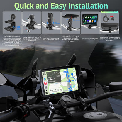 5 Inch Motorcycle CarPlay & Android Auto Display – IP67 Waterproof Touchscreen, Dual Bluetooth, TF Card, GPS Navigation, Voice Control, Universal Mount – APHQUA 522