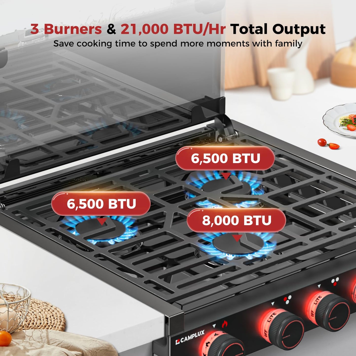 CAMPLUX Elite RV Stove 3 Burners, 21,000 BTU Propane Cooktop with Tempered Glass Cover & Flame Failure Protection, 21-Inch Slide-In Gas Rangetop for RVs, Campers, Motorhomes, and Boats, Black