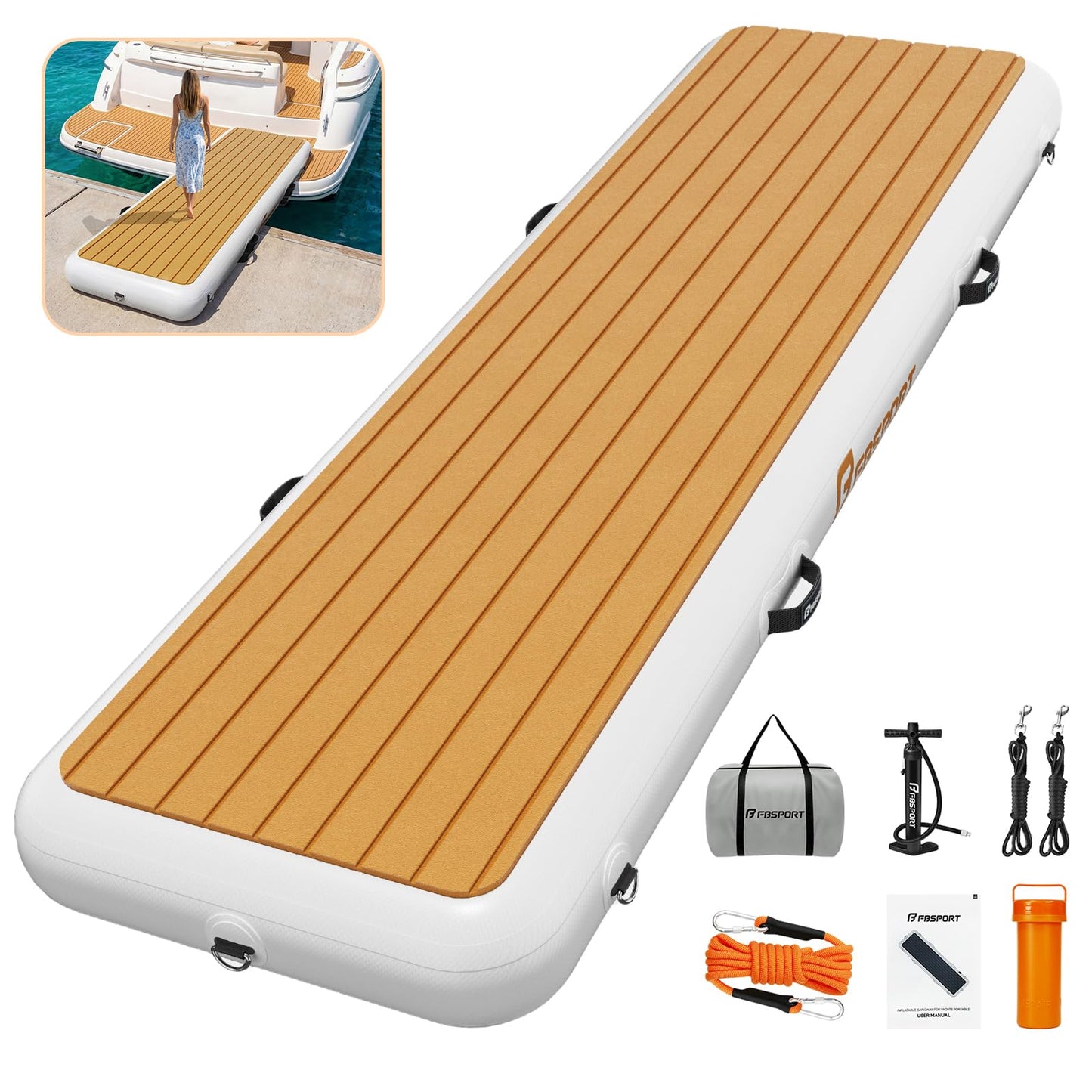 FBSPORT Inflatable Gangway for Boats Docks Yacht, Portable Non-Slip Floating Boarding Ramp with EVA Deck, Heavy Duty PVC Dock Bridge Platform, Floating Dock Gangway for Yacht Raft, 6.6ft