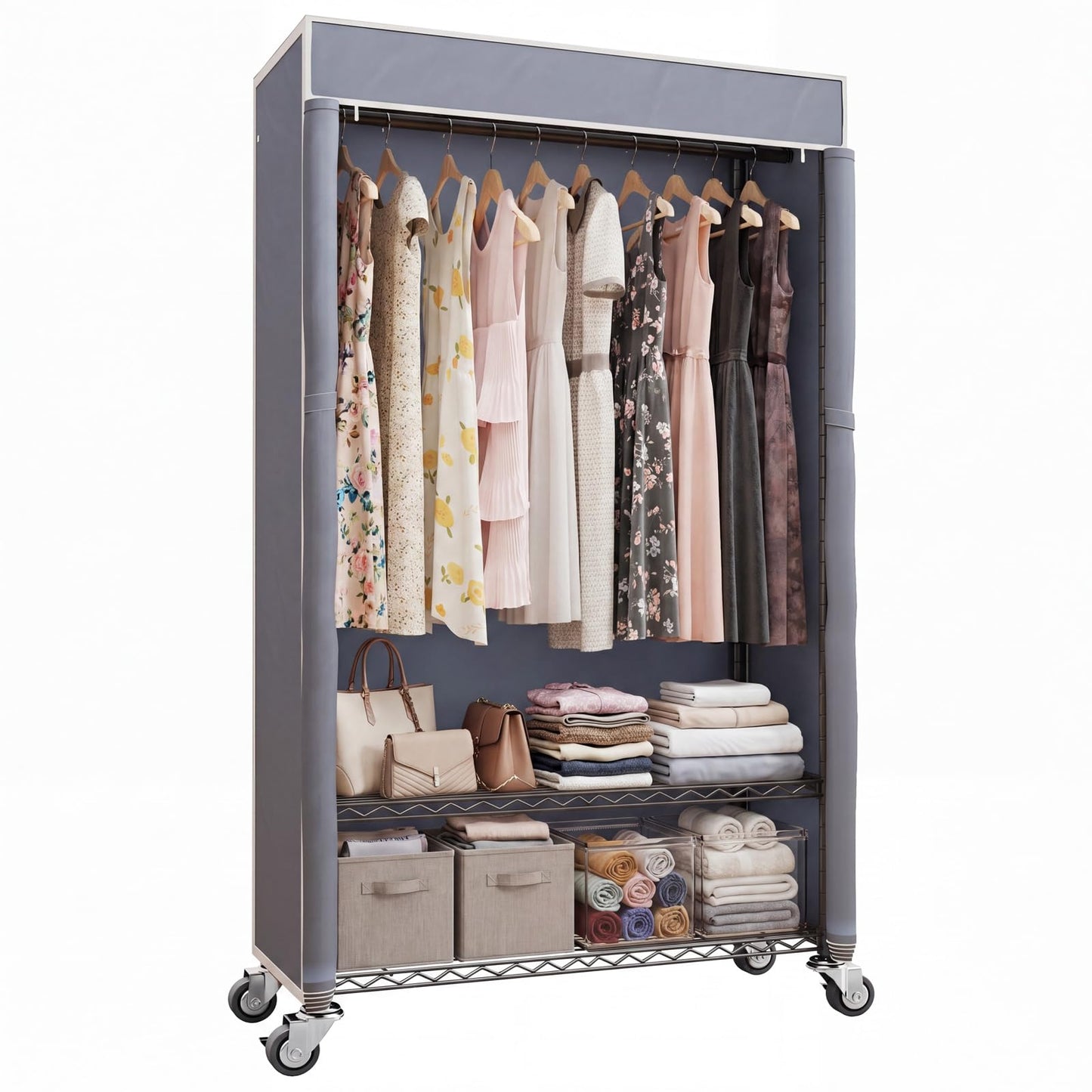 Higeego H4 Heavy Duty Clothes Rack with Cover, Rolling Garment Rack on Wheels, Portable Closet for Hanging Clothes, Black Clothing Rack with Grey Cover, Max Load 380LBS