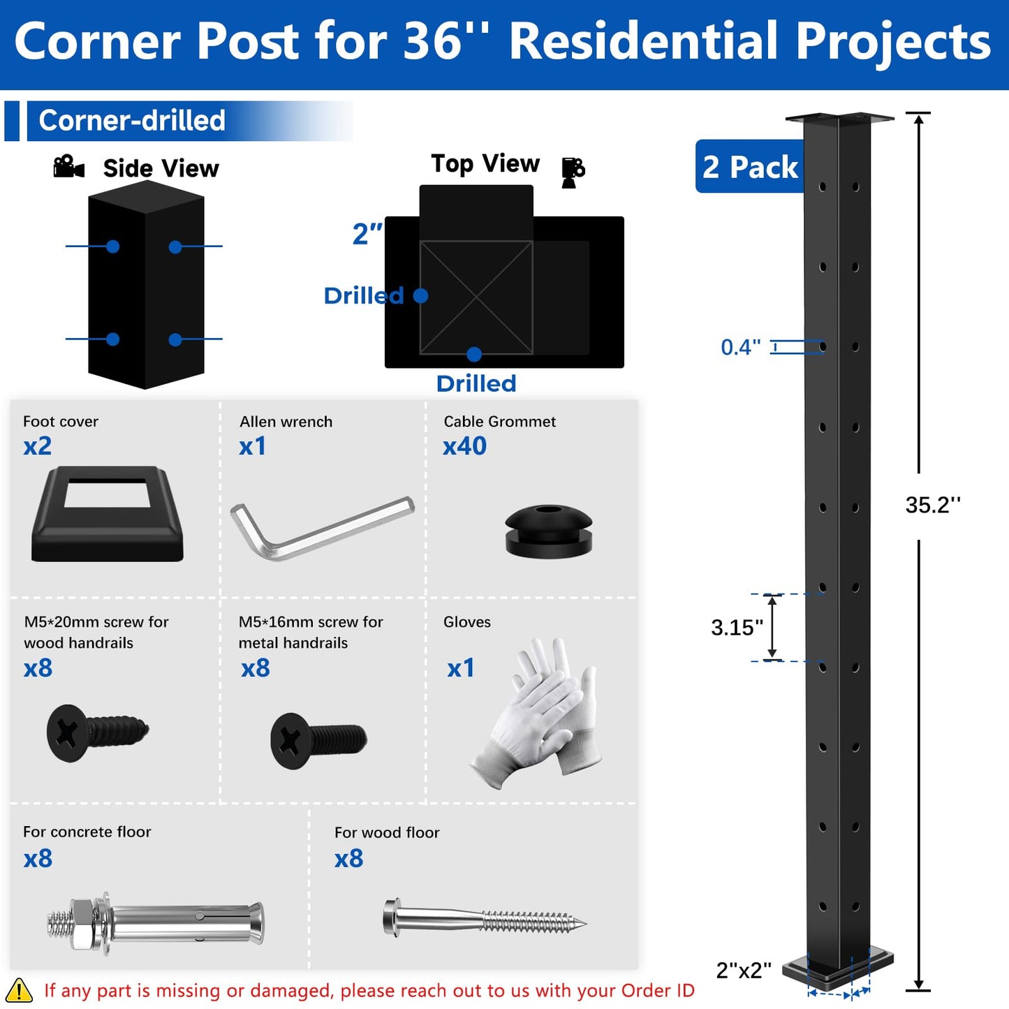 Zylorix 2Pack 36" T304 L-drilled Cable Railing Corner Posts(35"x2"x2") with Cable Grommets, Modular 90° Drilled Fixed Top Mount Heavy Duty Stainless Steel Black Finish for Wooden Concrete Deck Patio