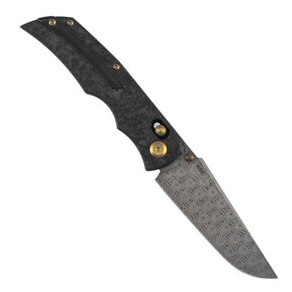 KANSEPT SIF Pocket Knife, 3.76" Damascus Blade with Gold Thumb Stud, Manual Opening Folding Men Women EDC, Shred Carbon Fiber Handle, Clip for Outdoor Camping Hiking K1100V4