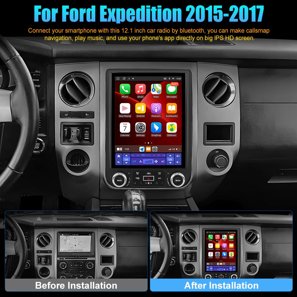 AWESAFE Car Radio for Ford Expedition 2015 2016 2017, Android 13 8 Core T Style 12.1 Inch IPS Touch Screen Car Stereo with Wireless Carplay/Android Auto, GPS, WiFi, Bluetooth, FM, DSP - [4GB+64GB]
