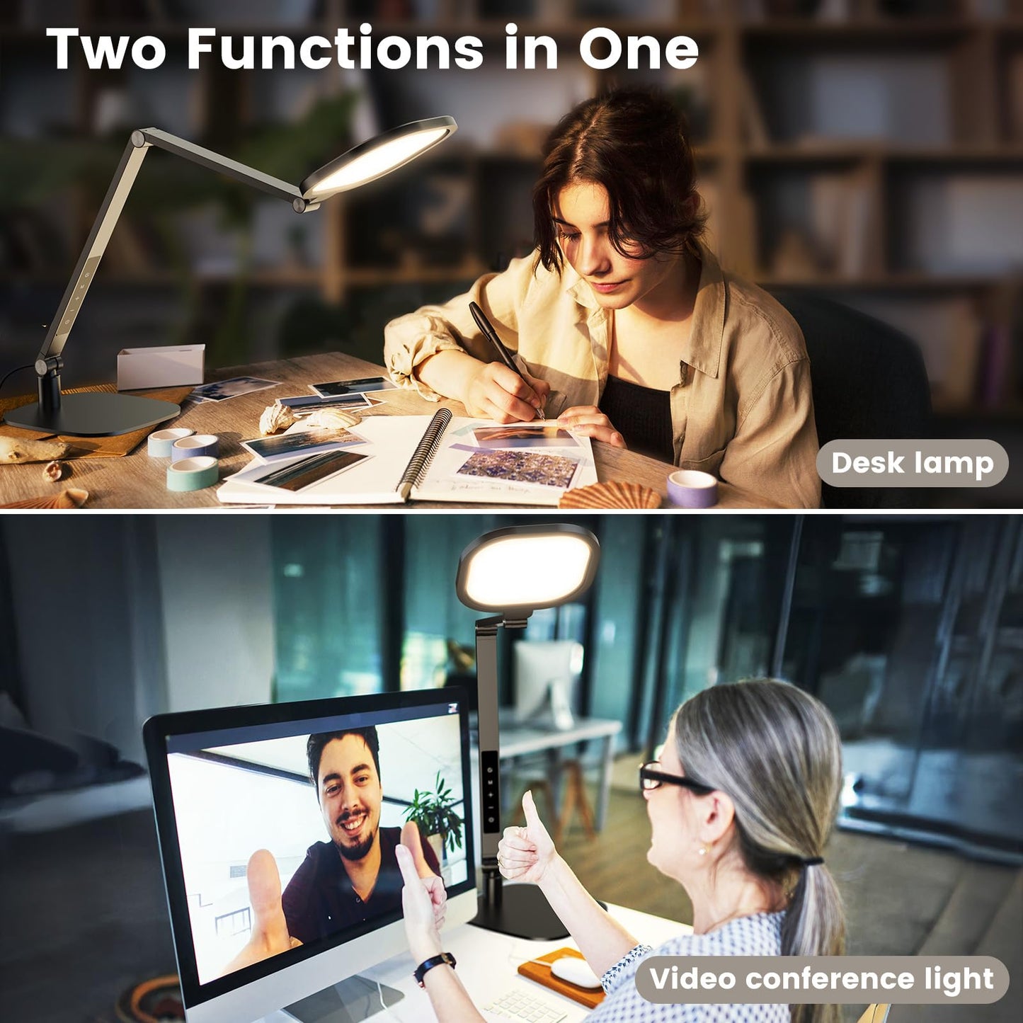 LitONES LED Desk Lamp for Home Office, 15W Desk Light with CRI >95, Memory & Timer Function, 1200LM Dimmable Computer Light for Video Calls, Conference, Reading, Study (Black-2packs)