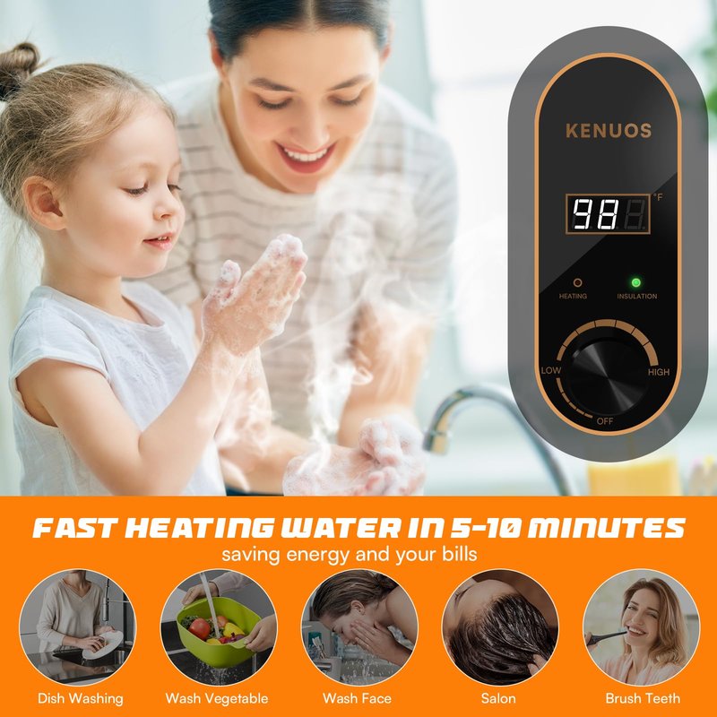 KENUOS Under Sink Instant Hot Water Heater,2.5 Gallon Mini Tank Water Heaters with LED Display,1500W 120V Small Water Heater 1/2" NPT for RV,Kitchen,Compact Design with T&P Valve,3-Way Fitting Valve