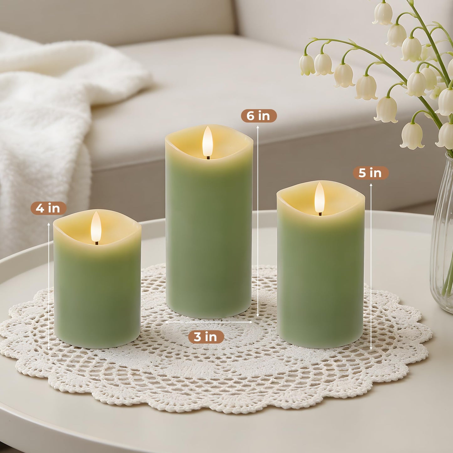 Velsyn Green Flameless Candles with Remote and Timer, Real Wax Made LED Pillar Candles Battery Operated with 3D Flickering Flame Melted Edge, 3" x 4",5",6", Set of 3 (Pastel Green)