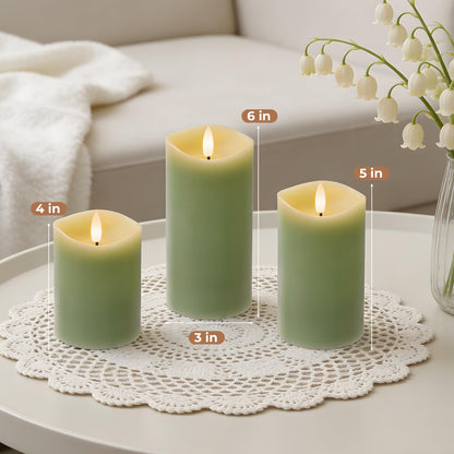 Velsyn Green Flameless Candles with Remote and Timer, Real Wax Made LED Pillar Candles Battery Operated with 3D Flickering Flame Melted Edge, 3" x 4",5",6", Set of 3 (Pastel Green)