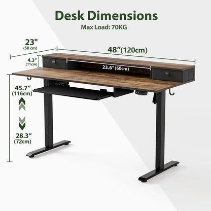 Agilestic Electric Standing Desk with 2 Drawers and Keyboard Tray, 48 x 23 Inches Ergonomic Adjustable Height Desk with Storage, Sit Stand Computer Workstation, Rustic Brown