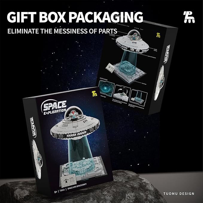 UFO Spaceship Building Block Set Creative UFO&ampAlien Building Set Space Exploration Spaceship Brick Dual LED Lights and Transparent Base Model for UFO Lover CollectionGifts for Ages 8+