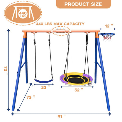 4-in-1 Swing Sets with Stand for Backyard, 440lbs Outdoor Saucer Swing Set for Kids, Heavy-Duty A-Frame Metal Playset for Playground, 32 inch Saucer, Belt Swing, Basketball Hoop, Led Light & Anchors