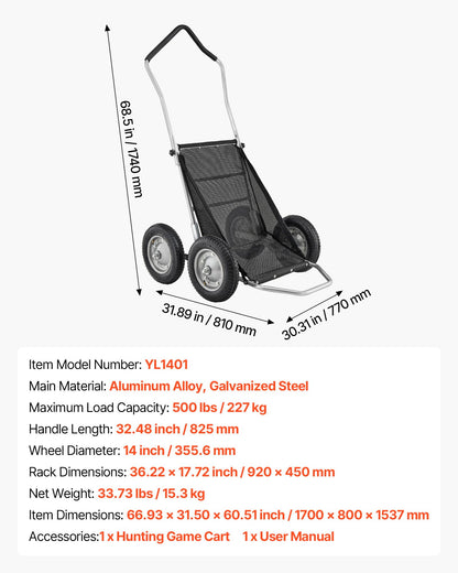 VEVOR Game Carts for Hunting, 500LBS Deer Cart Game Hauler, Heavy-Duty Crawler Cart, All-Terrain Folding Deer Hauling with Shock-Absorbing Tires, Utility Gear Dolly for Hunting Fishing Hiking