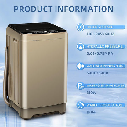 Full Automatic Washing Machine with LED Display, 10 Programs & 8 Water Levels Selections, Portable Compact Laundry Washer with Drain Pump - Gold