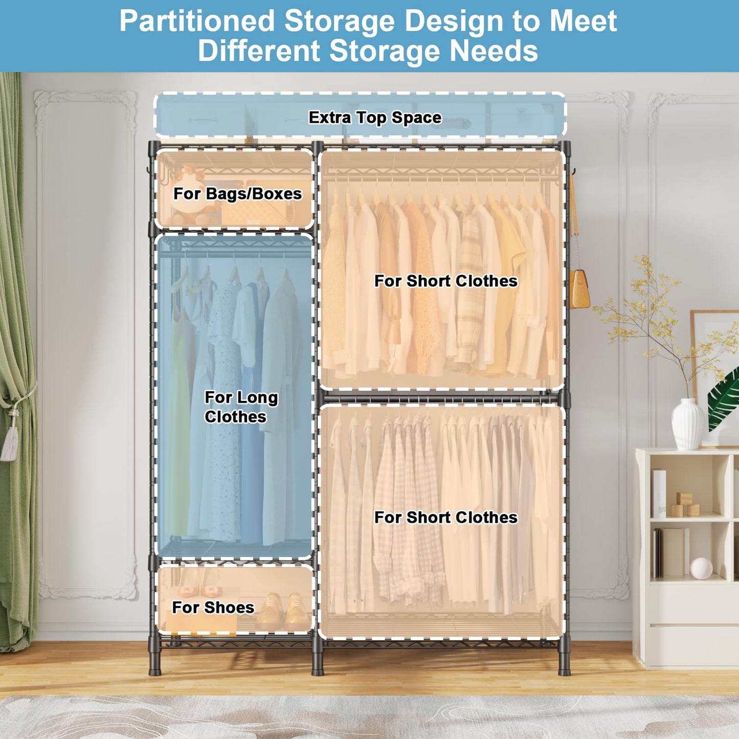 Ulif F7 Medium Garment Rack, Heavy Duty Clothes Rack, Clothing Racks for Hanging Clothes, 6-Tiers Freestanding Portable Closet Storage Rack 45'' W × 14.6'' D × 76.6'' H, Max Load 750 Lbs, Black