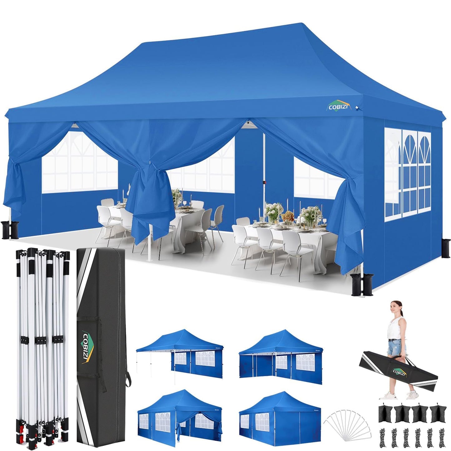 COBIZI 10x20 Pop Up Canopy with 6 Sidewalls, Conical Party Tent 10x20 with 3 Adjustable Height Waterproof, UV-Resistant with Carry Bag, Sandbag, Stake, Ropes for Parties, Commercial (Frame Upgraded)
