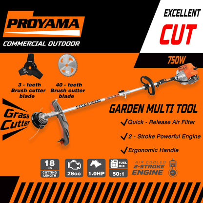 PROYAMA 26cc 6 in 1 Multi Functional Combo Kit, 2 Cycle Gas Powered Hedge Trimmer, Weed Eater Wacker, String Trimmer, Brush Cutter, Edger with 3.3FT Extension Rod