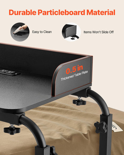 VEVOR Overbed Table, Mobile Bed Side Table with 4 Wheels (2 with Brakes) and Power Socket, Height Adjustable Rolling Laptop Desk, Portable Particleboard Over Bed Desk for Home, Office, Study, Black