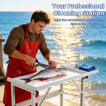 Professional Dock Mounted Fish Fillet Table, 38.6" Large HDPE Cleaning Station with Heavy Duty Steel Frame, Tool Trays & Integrated Drainage for Docks & Marinas (40" Tall Ergonomic Design)