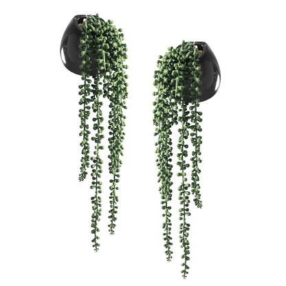 Tiita Artificial Hanging Plants, Faux Succulents in Pots, Realistic String of Pearls Plants for Home Office Accessories Window Sill Bathroom Bedroom Fake in Black Ceramic Pots, Set of 2