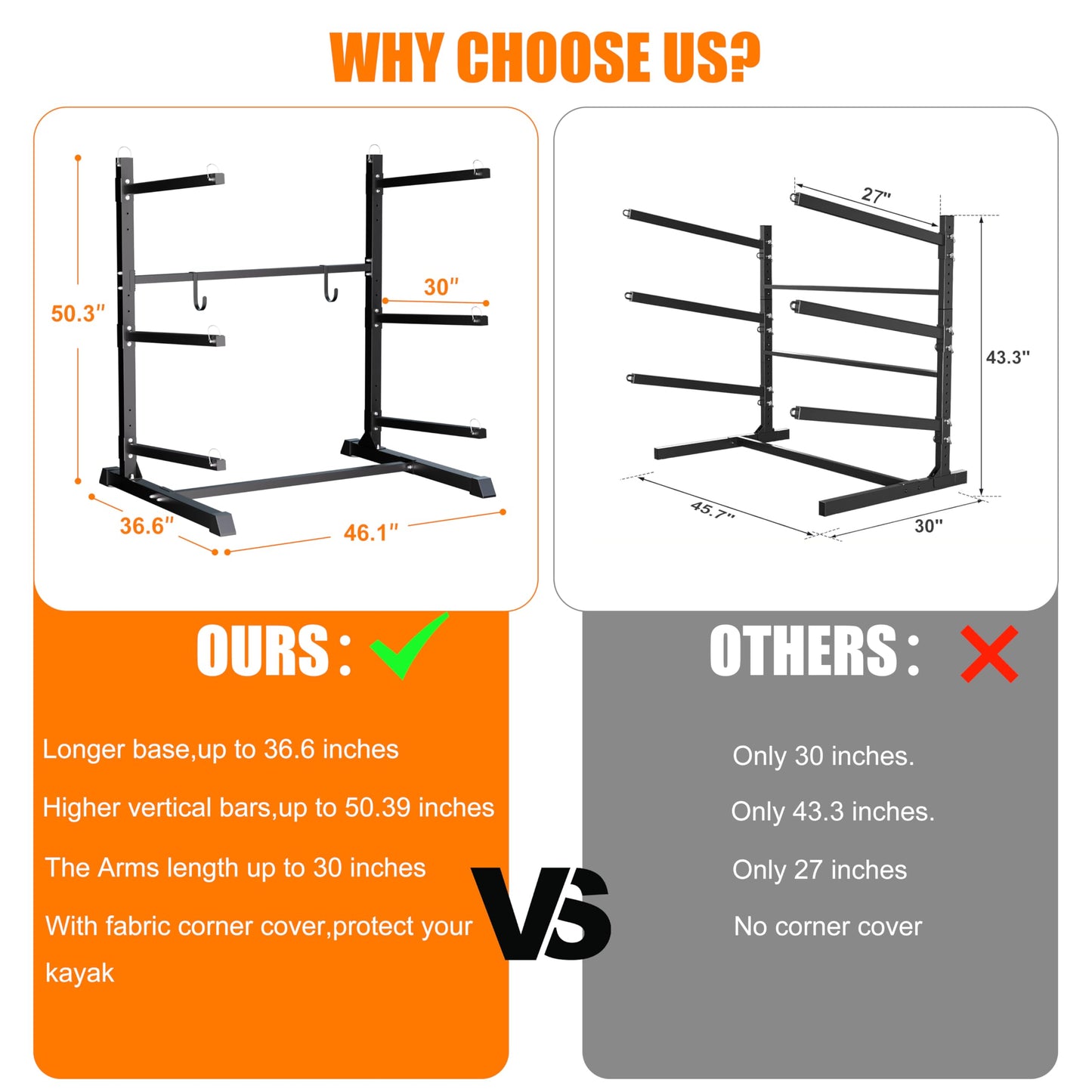 TRUSOON Outdoor Freestanding Kayak Rack, Heavy Duty Kayak Stand for 3 Kayaks, Canoe, Surfboard, Paddle Board Storage, Hold up to 600lbs, Black