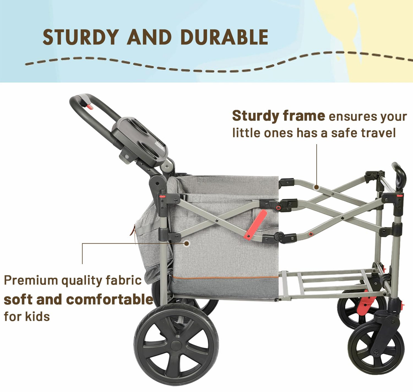 Busy Bee Foldable Wagon Stroller for 2 Kids, Push Pull Collapsible Kids Wagon with Adjustable Handle Bar, Removable Canopy, 5-Point Harness, Shock-Absorbing Wheels, Grey