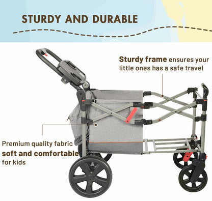 Busy Bee Foldable Wagon Stroller for 2 Kids, Push Pull Collapsible Kids Wagon with Adjustable Handle Bar, Removable Canopy, 5-Point Harness, Shock-Absorbing Wheels, Grey