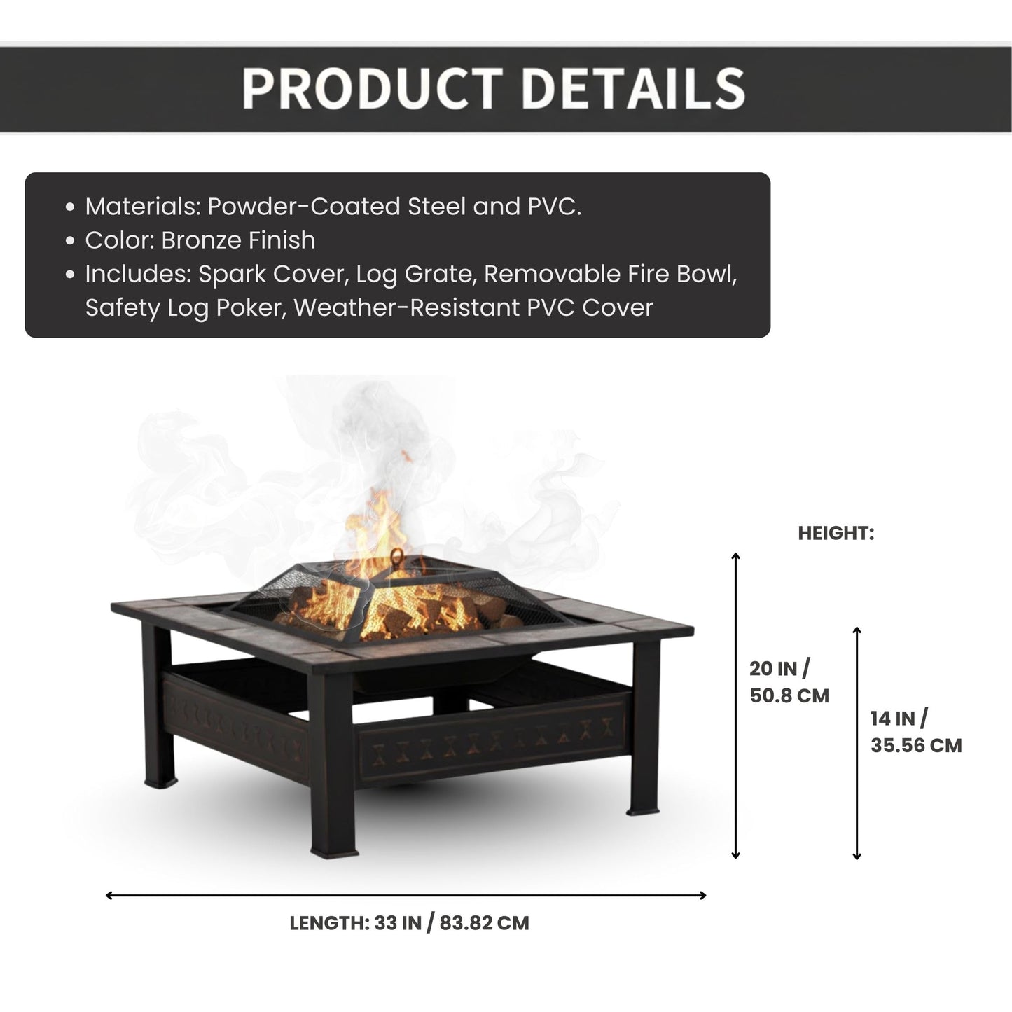 Fire Pit - 32-Inch Outdoor Firepit Table with Screen, Cover, and Poker - Outdoor Fire Pits for Backyard, Deck, Patio, or Porch by Pure Garden (Bronze)
