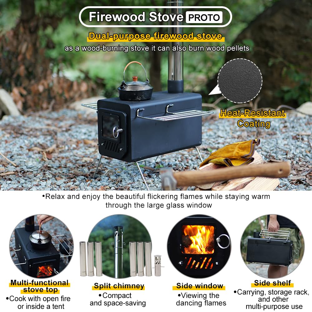 Soomloom Firewood Stove PROTO Heat-Resistant Paint Camping Pellets Combi Carbon Steel Compact Tent Cooking Barbecue BBQ Campfire Chimney Portable Camp Outdoor Heating Hybrid Stove