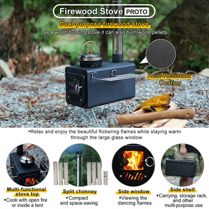 Soomloom Firewood Stove PROTO Heat-Resistant Paint Camping Pellets Combi Carbon Steel Compact Tent Cooking Barbecue BBQ Campfire Chimney Portable Camp Outdoor Heating Hybrid Stove