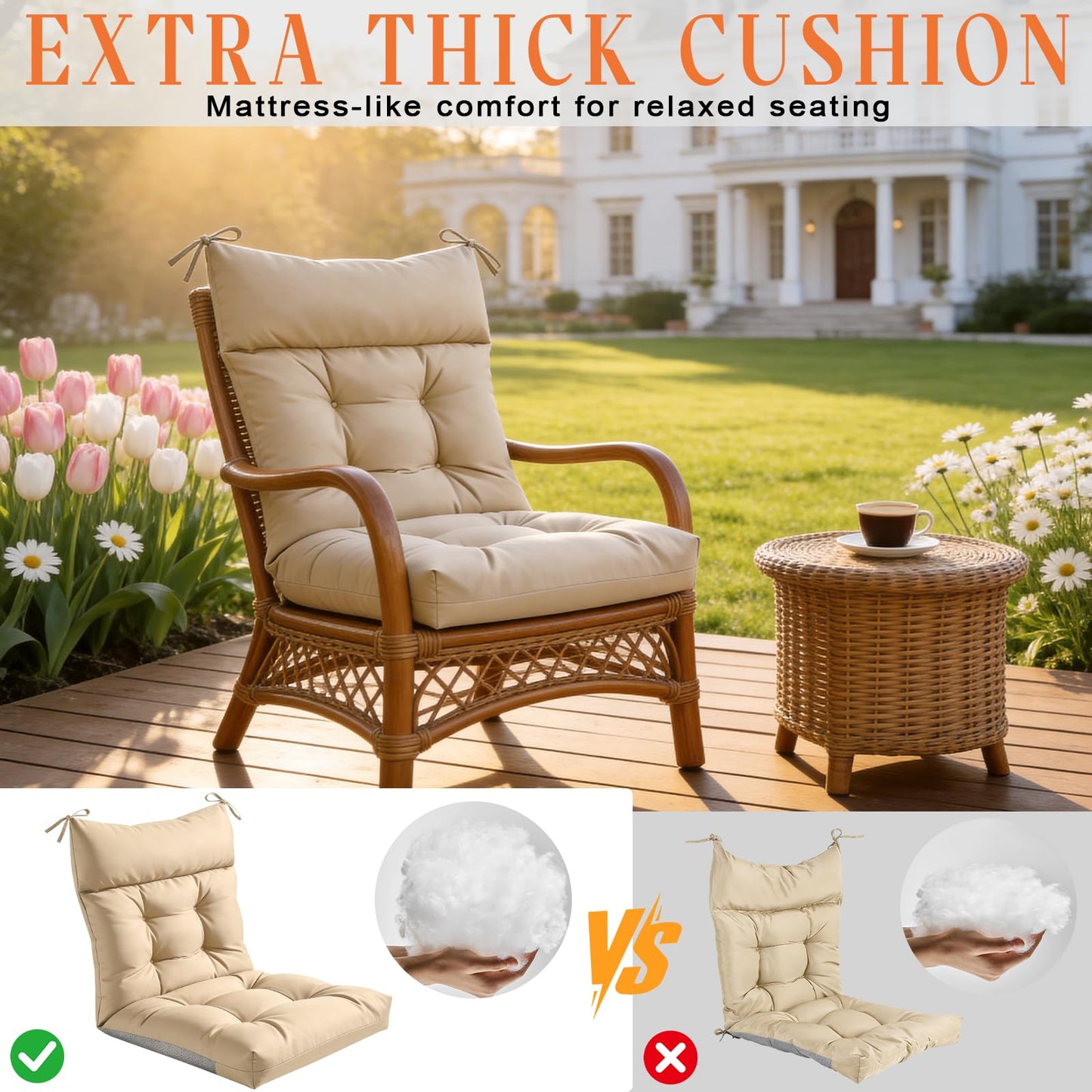 Gleom 4 Pcs Outdoor Patio Chair Cushions, Thick Seat Pads for Garden Furniture, Waterproof Non Slip Chair Cushions with Ties, Replacement Cushion Set for Porch, Yard, Balcony-Brown