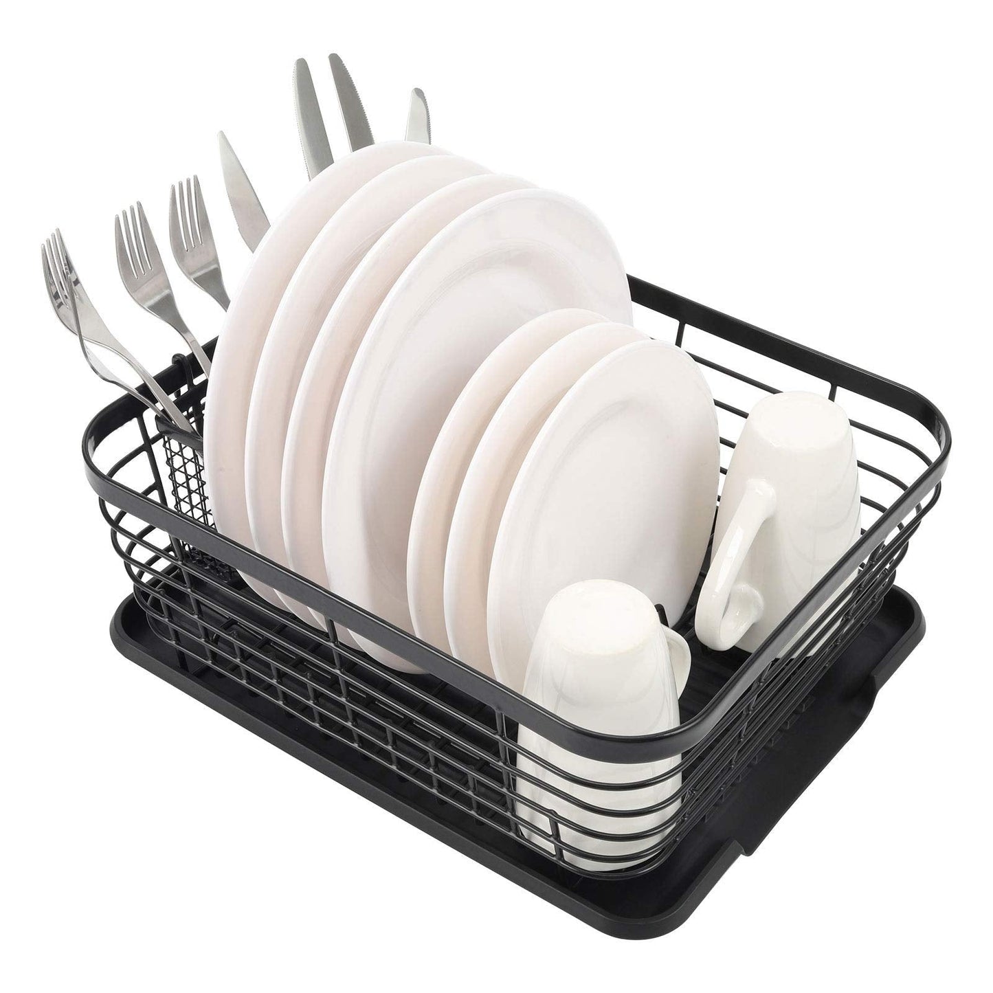 (Black) - ESYLIFE Kitchen Dish Drainer Drying Rack with Drip Tray and Full-Mesh Silverware Storage Basket, Black