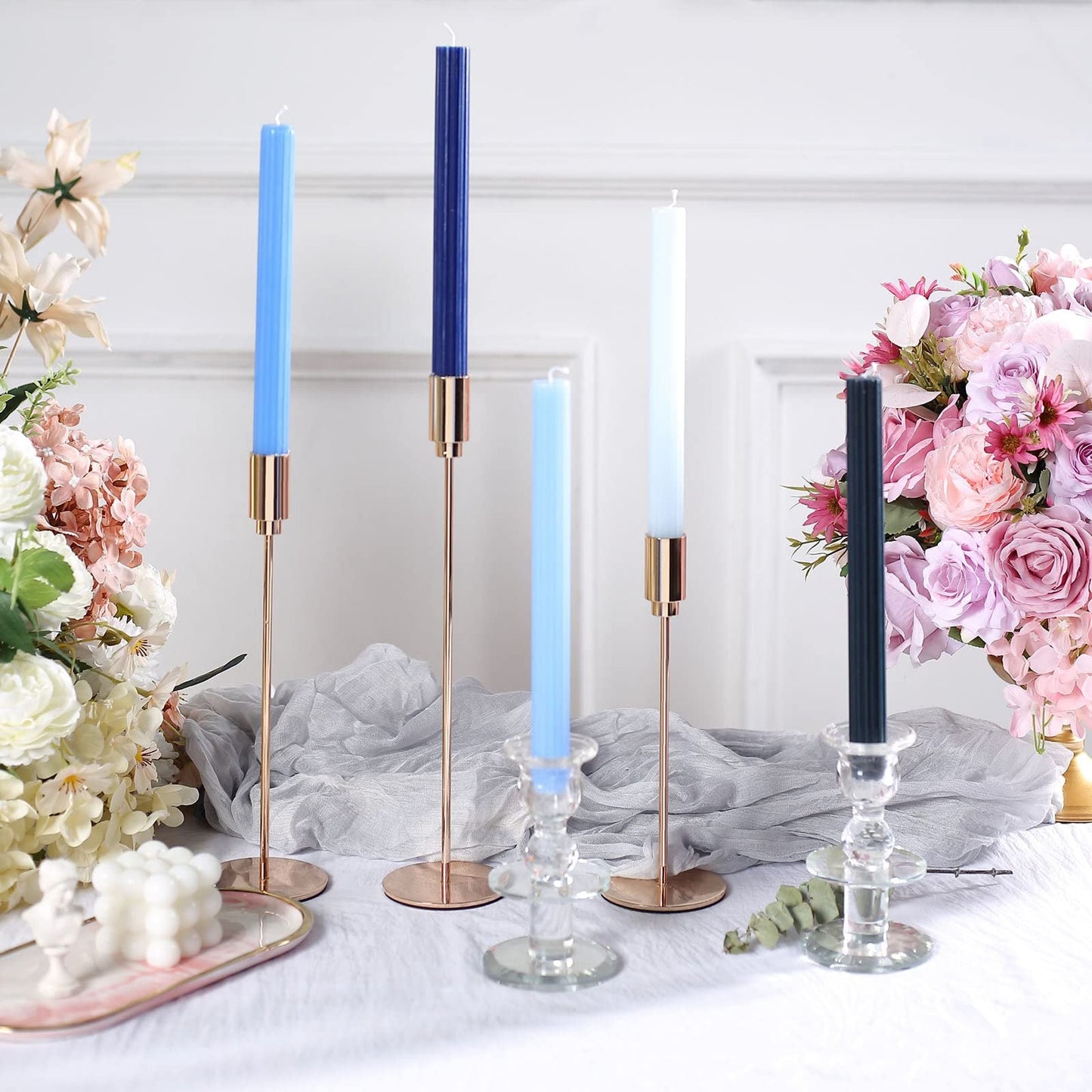 Tableclothsfactory 5 Pack | 9" Assorted Blue Premium Unscented Ribbed Wick Taper Candles, Tall Ribbon Wax Dinner Candles
