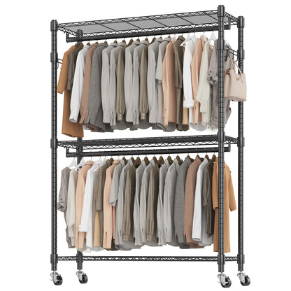 BATHWA Heavy Duty Rolling Clothes Rack with Wheels, 640 lb Hanger Rack & Garment Rack, 25mm Metal Freestanding Portable Closet, 2 Rods + Adjustable Shelves for Hanging Clothes