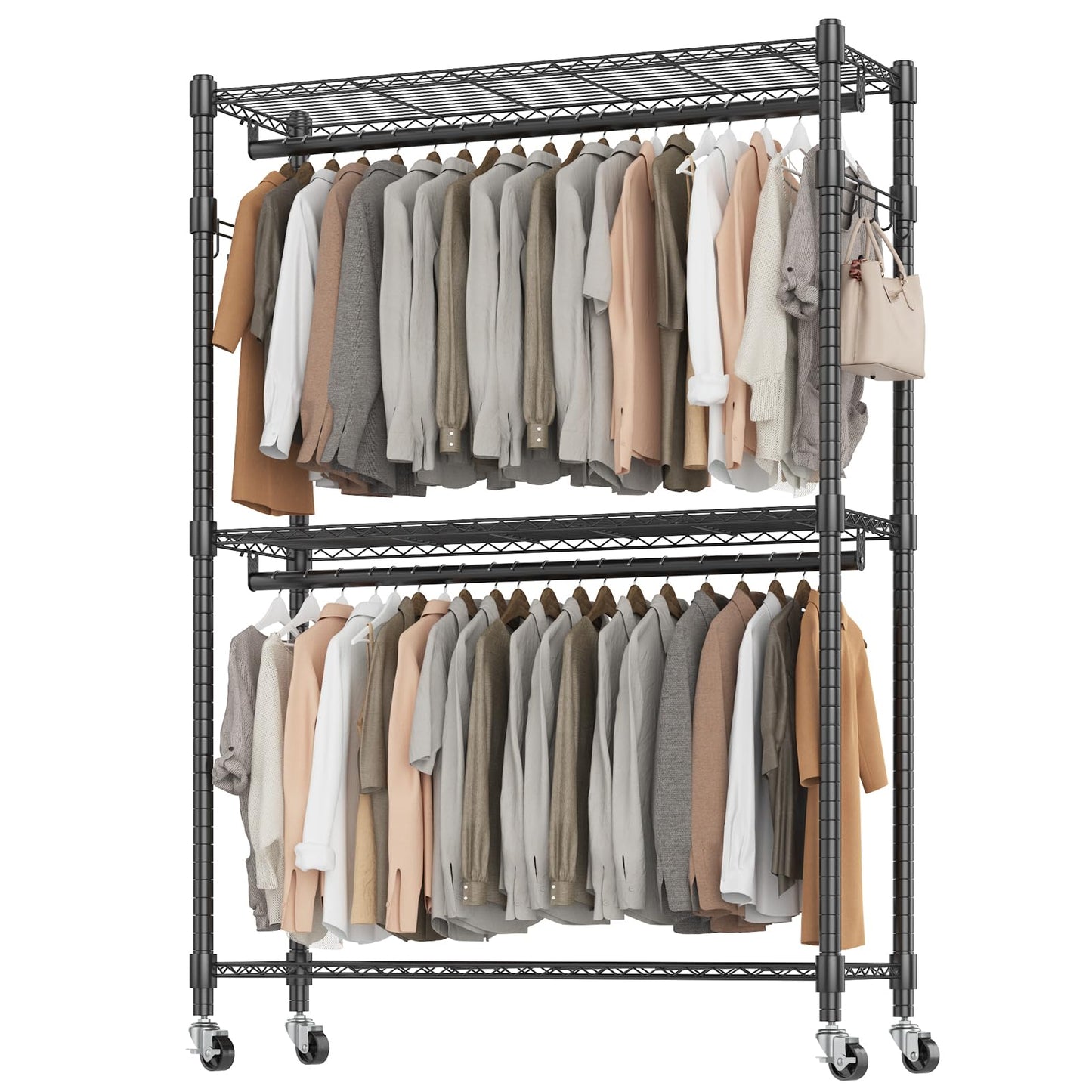BATHWA Heavy Duty Rolling Clothes Rack with Wheels, 640 lb Hanger Rack & Garment Rack, 25mm Metal Freestanding Portable Closet, 2 Rods + Adjustable Shelves for Hanging Clothes