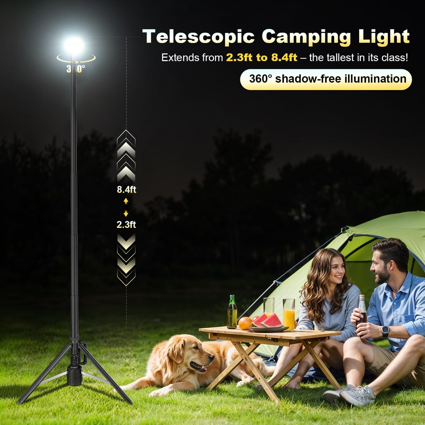 SYLSTAR 360° Rechargeable Work Light with Remote &Telescopic Stand (8.4Ft), 3000LM Ultra Bright, 8000mAh Battery, 3CCT Dimmable, Portable Camping Light for Jobsite Workshop Sports Emergencies(Black)
