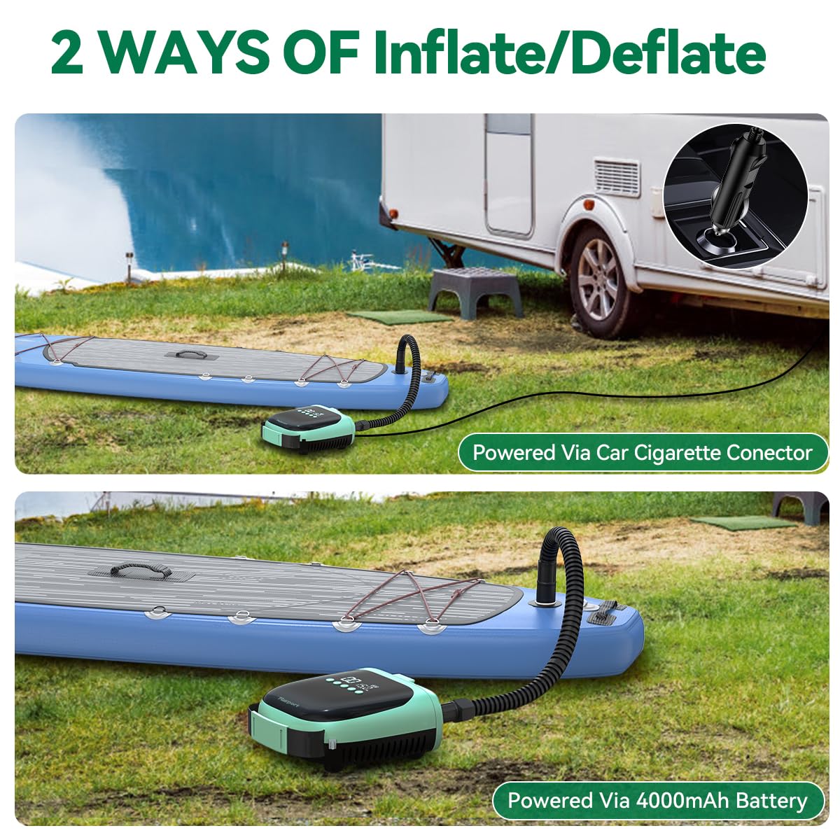 FBSPORT Paddle Board Pump Rechargeable 20PSI SUP Pump, Portable Electric Air Pump Quick Inflate & Deflate SUP Air Pump for Stand Up Paddle Boards, Kayak, Tent (Green)