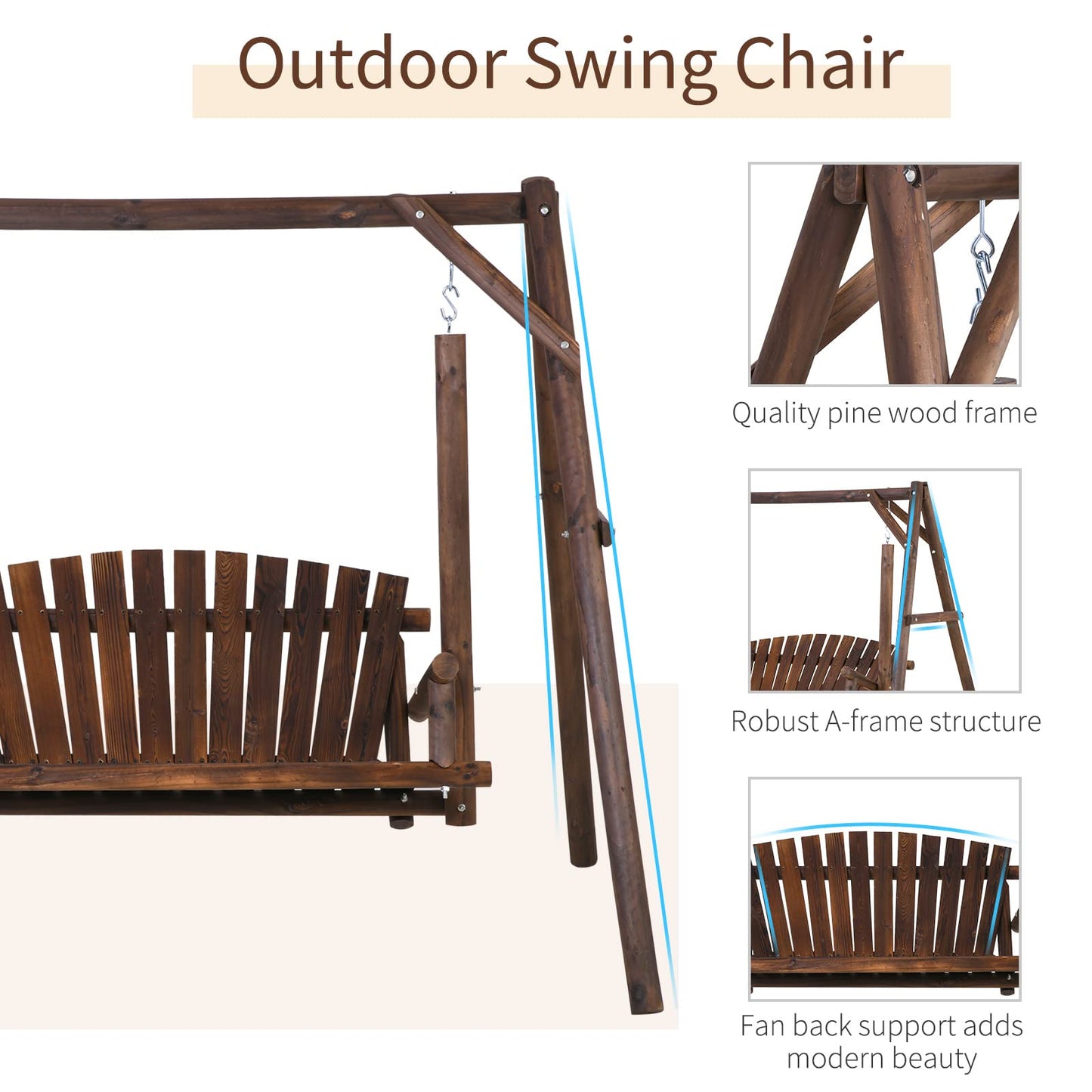 Outsunny 2-Seat Porch Swing with Stand, Wooden Patio Swing Chair Bench, for Garden, Poolside, Backyard, Brown