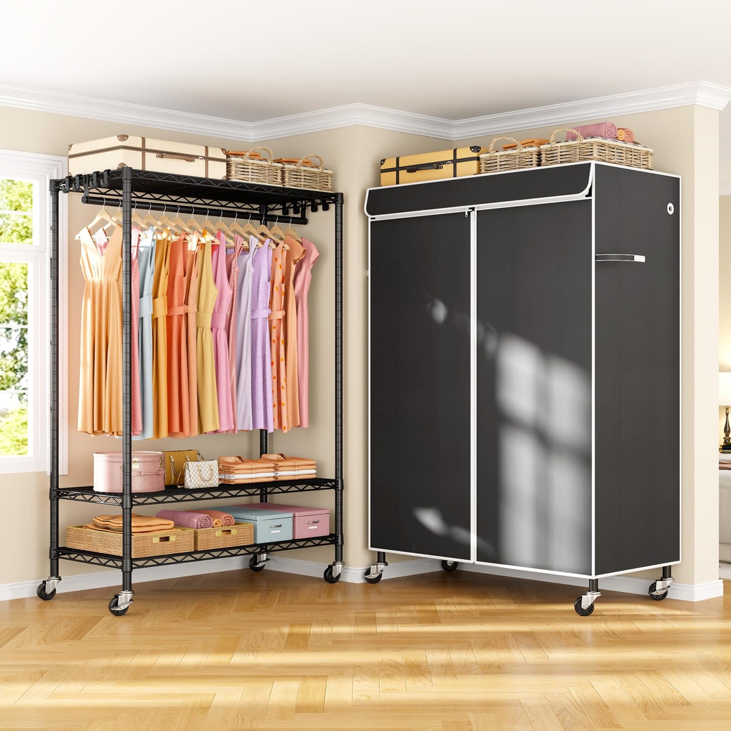 ULIFHOME P6C Plus Rolling Clothes Rack with Cover, Covered Clothing Rack Heavy Duty, Portable Closet for Hanging Clothes, Garment Rack on Wheels, Black Closet Rack with Black Cover, Max Load 375LBS