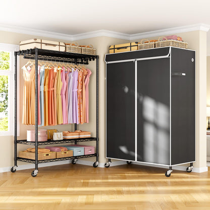 ULIFHOME P6C Plus Rolling Clothes Rack with Cover, Covered Clothing Rack Heavy Duty, Portable Closet for Hanging Clothes, Garment Rack on Wheels, Black Closet Rack with Black Cover, Max Load 375LBS