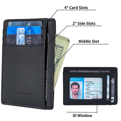Chelmon Slim Wallet for Men, Minimalist Front Pocket RFID Blocking Credit Card Holder, Black Crazy Horse