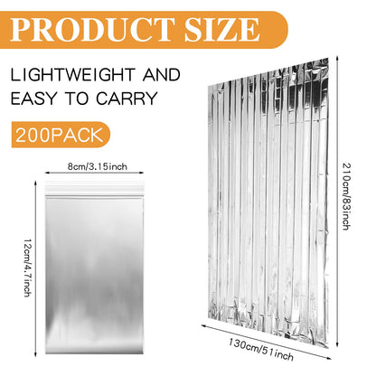 Macarrie 200 Pieces Emergency Blanket Bulk - Survival Thermal Silver Foil Reflective Blankets Set Pack for Outdoors Shelter Space, Camping, Hiking, First Aid Supplies, Homeless Donations