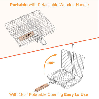 ORDORA Grill Basket, Fish Grill Basket, Rustproof Stainless Steel BBQ Grilling Basket for Meat,Steak etc, Grill Accessories,Grilling Gifts for Men Dad