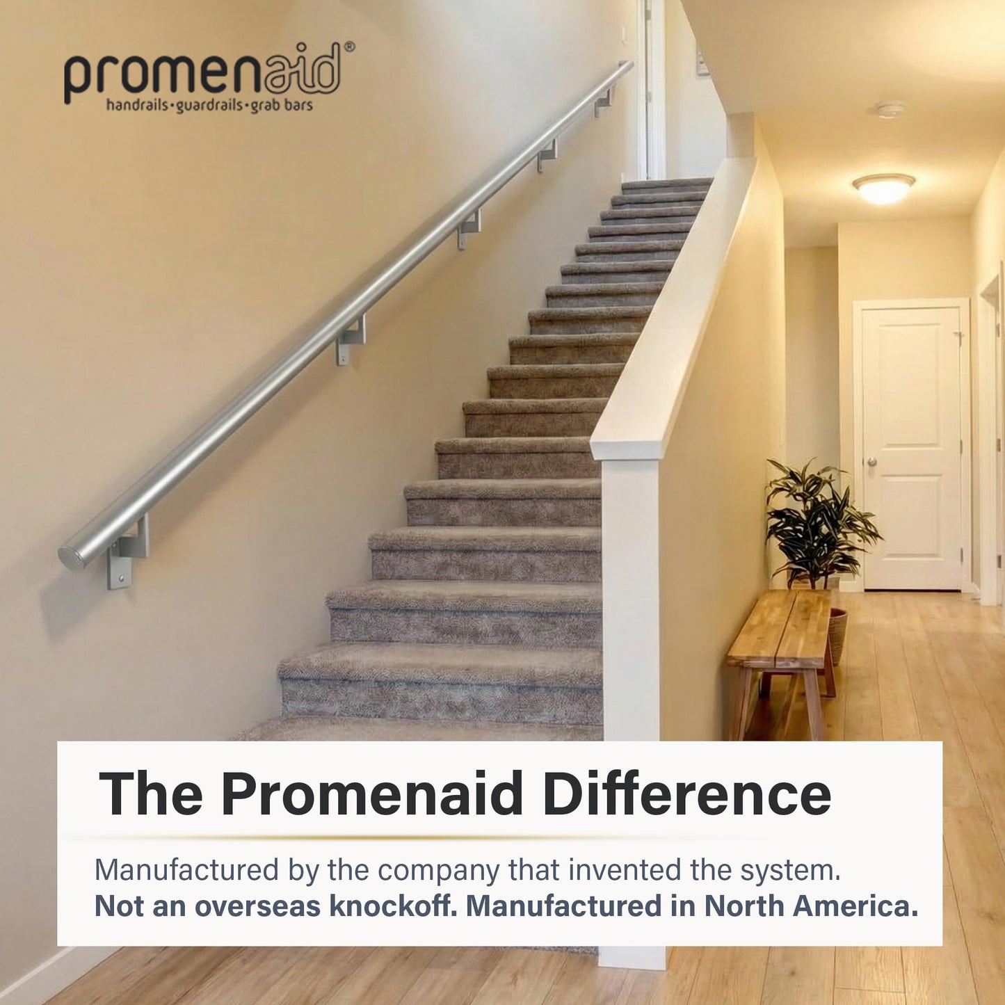 Promenaid - 3ft Flush Handrail Kit Sliver Finish Complete Indoor/Outdoor Handrail for Stairs with ADA Wall Return Kit Flush Endcap Replacement
