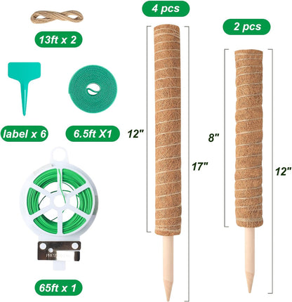 Skiennix 6 Pack Moss Poles for Monstera Plant Support - Stackable Design (4x17in + 2x12in) for Indoor Plants