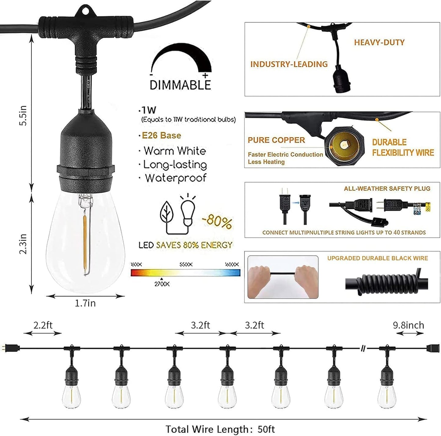 Svater Outdoor String Lights 150FT, E26 Socket, 48pcs S14 Shatterpoof Bulbs, 1 Watt Dimmable 2700K Warm White, IP65 Waterproof Commercial Grade Patio Lights（3 Pack X 50FT）