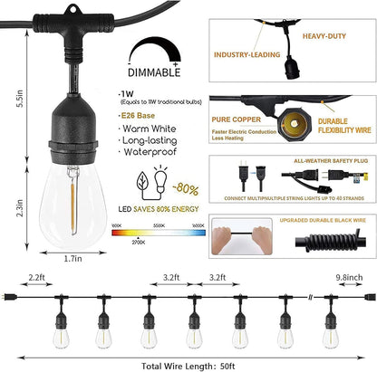 Svater Outdoor String Lights 150FT, E26 Socket, 48pcs S14 Shatterpoof Bulbs, 1 Watt Dimmable 2700K Warm White, IP65 Waterproof Commercial Grade Patio Lights（3 Pack X 50FT）