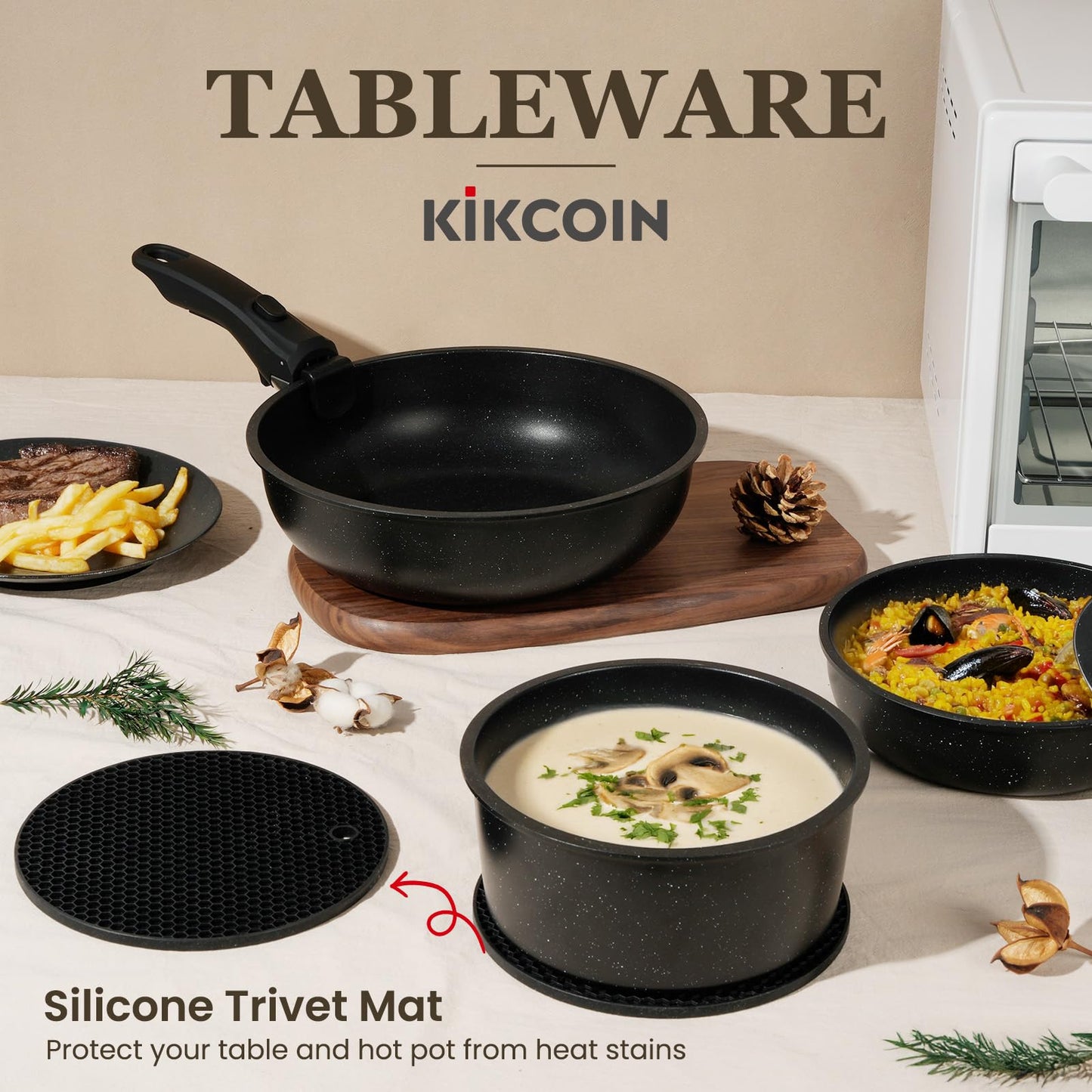22 Pack Nonstick Pots and Pans Set, KIKCOIN Cookware Set with Detachable Handle, Kitchen Cooking Pans Set with Frying Pan, Grill Pan - Stackable for RV Kitchen, Induction Ready, Dishwasher/Oven Safe