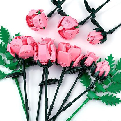 Pink Rose Flower Building Set-10pcs Roses &amp 2pcs Leaves Botanical Collection Artificial Flowers for Home Décor Rose Bouquet Building Kit for Valentine’s Day Christmas Birthday Anniversary (No Va