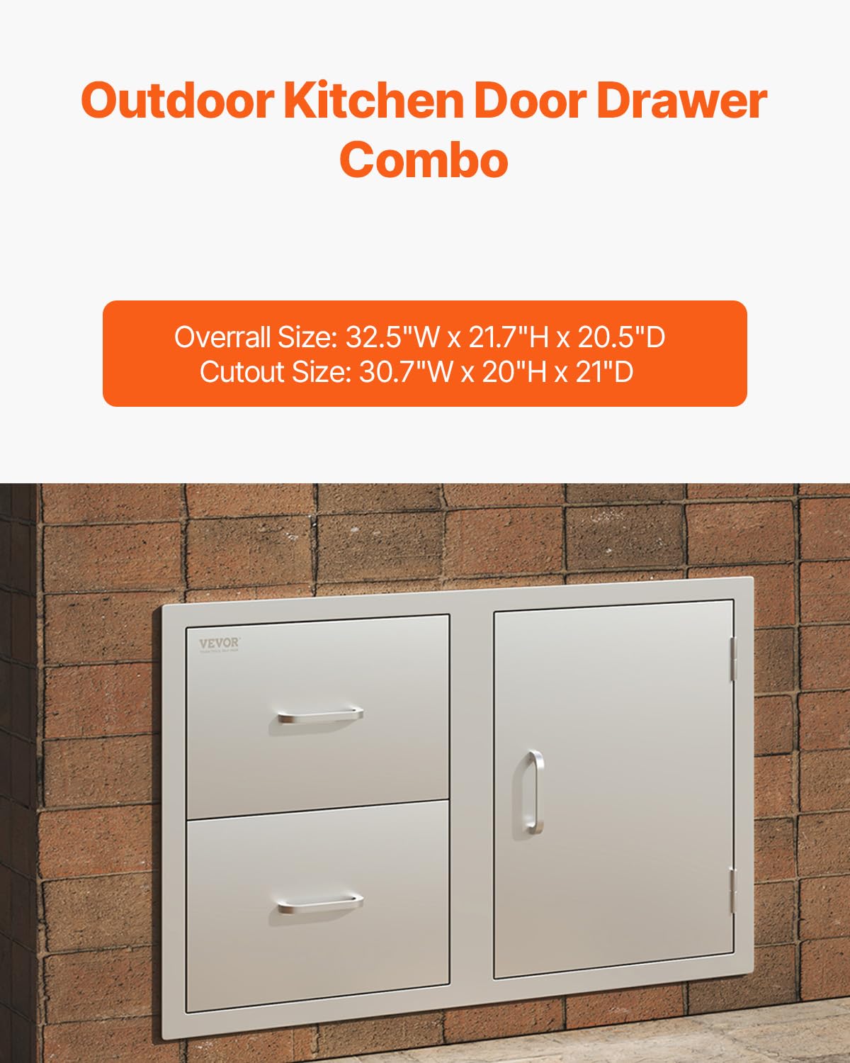 VEVOR Outdoor Kitchen Door Drawer Combo, 32.5"Wx21.7"Hx20.5"D, Access Door Double Drawers with Paper Towel Rack, BBQ Island Drawers with Stainless Steel Handles, 30.7"Wx20"Hx21"D Cutout Size