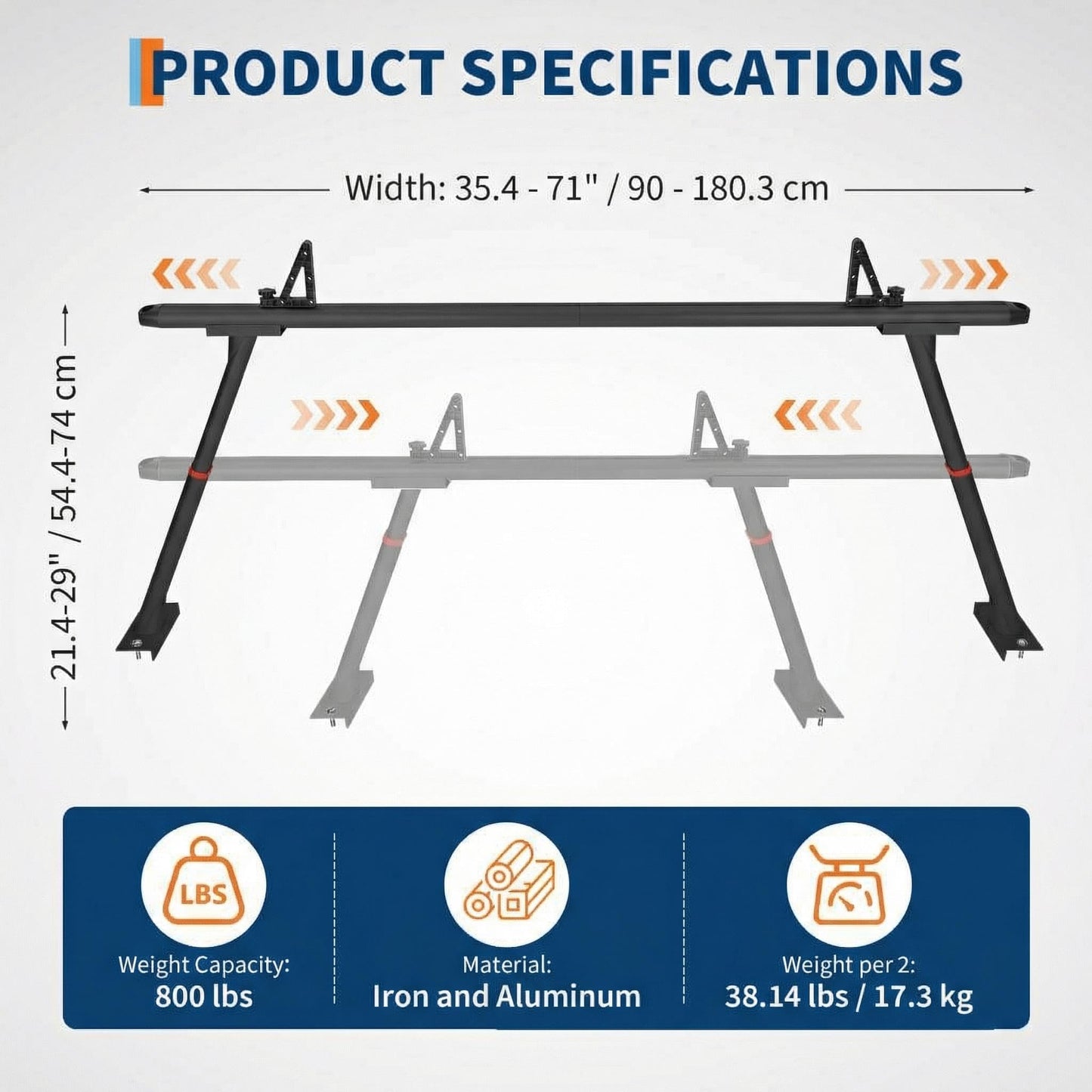 Aluminum Truck Rack, 35.4-71 in Width Adjustable Truck Bed Rack, Heavy Duty 800 LB Capacity, Secure Carrier for Kayak, Surfboard, Lumber, Contractor Gear, Black