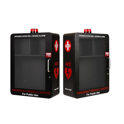 OVERDOSE KITS Emergency Medical Station – Wall Mount Cabinet for AEDs, Naloxone, Bleeding Control & First Aid Kits – Public Space Storage Solution – Black, Medium (AED & Accessories Not Included)